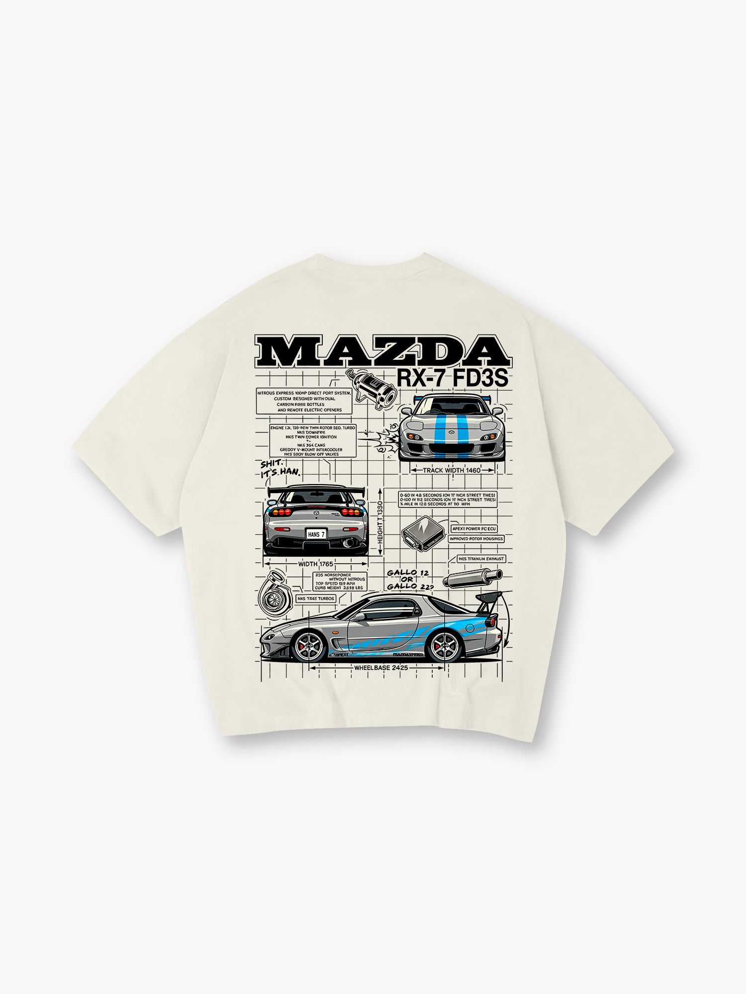 JDM Mazda RX-7 FD3S Blueprint Technical Drawing Car Graphic T-Shirt