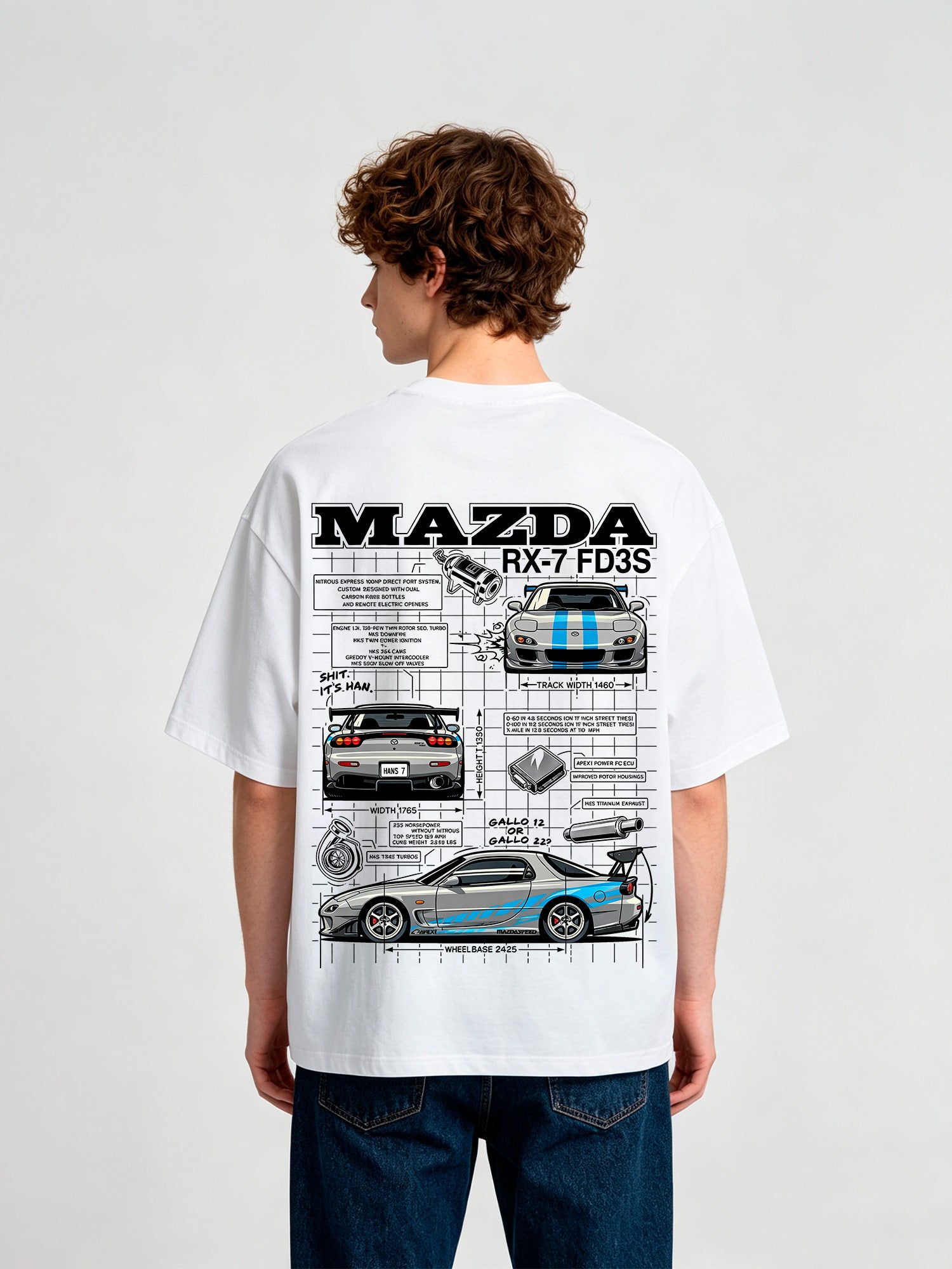JDM Mazda RX-7 FD3S Blueprint Technical Drawing Car Graphic T-Shirt