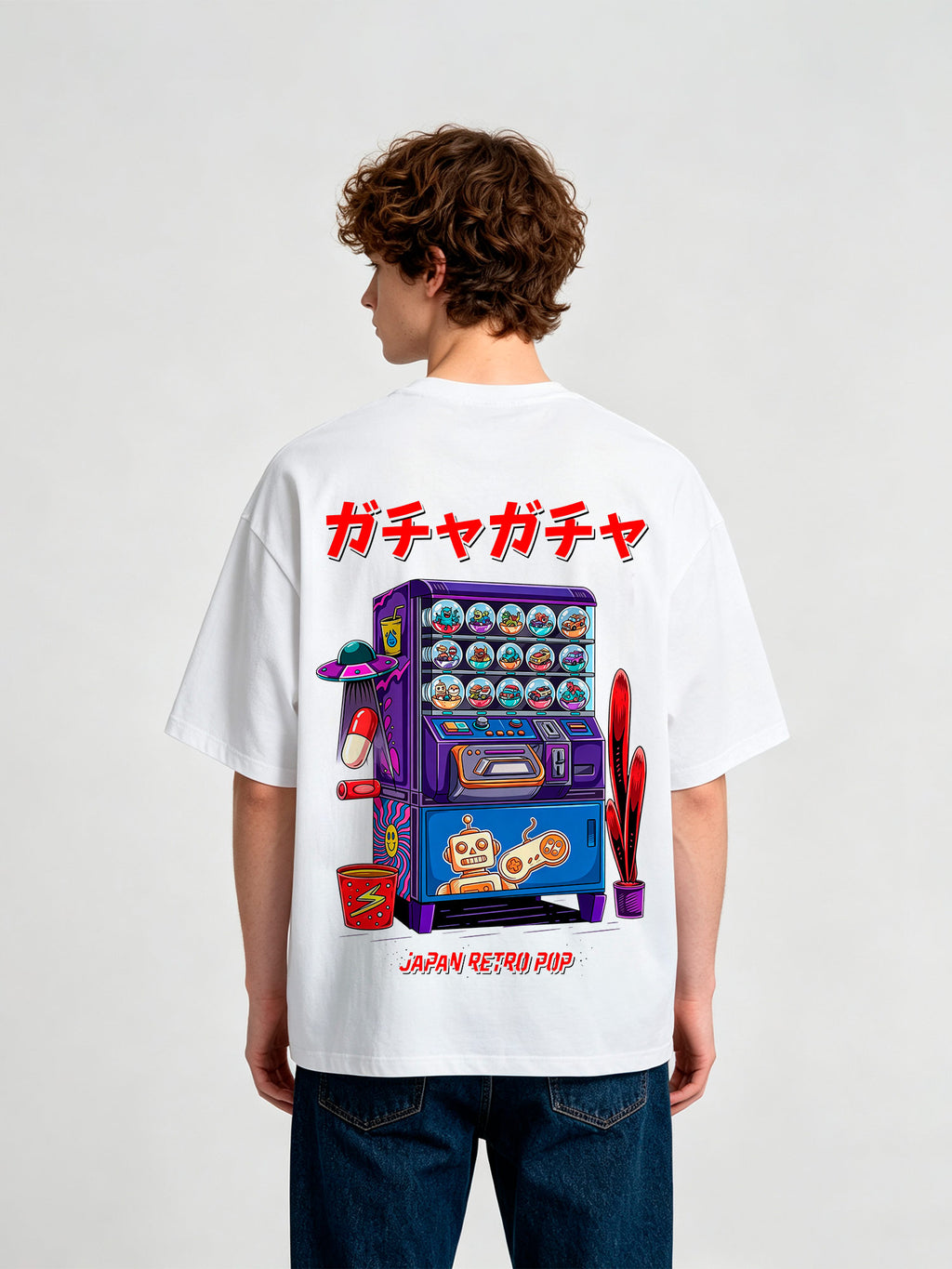 Japanese Retro Pop Gashapon Capsule Vending Machine Cartoon Graphic T-Shirt
