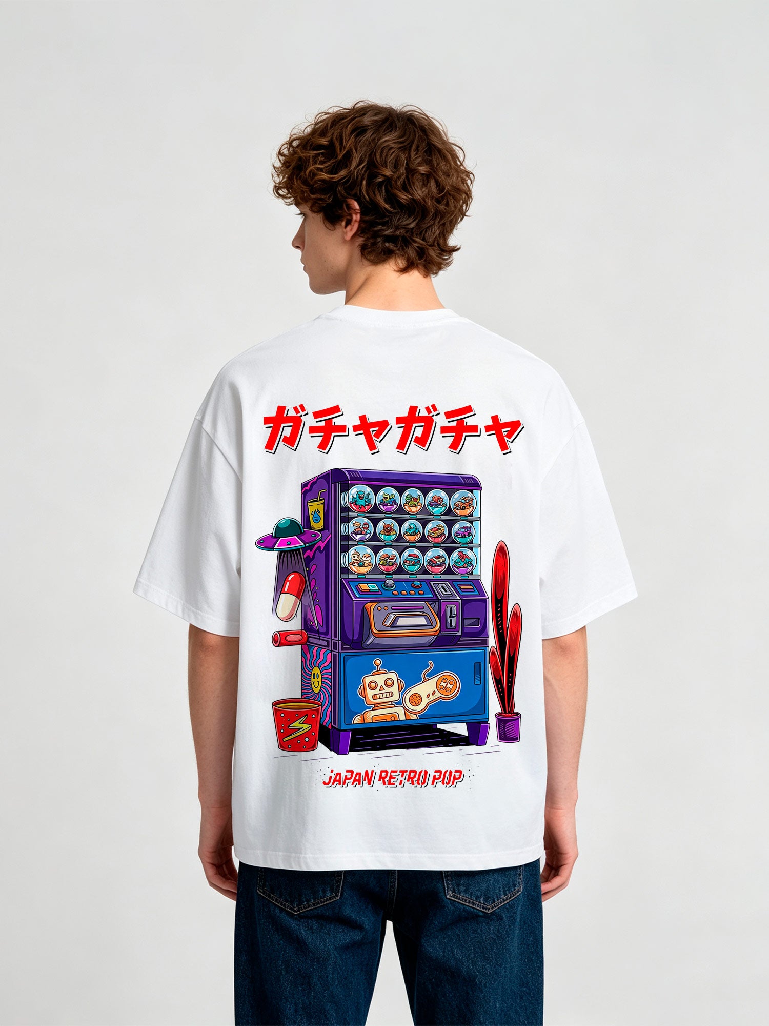 Japanese Retro Pop Gashapon Capsule Vending Machine Cartoon Graphic T-Shirt