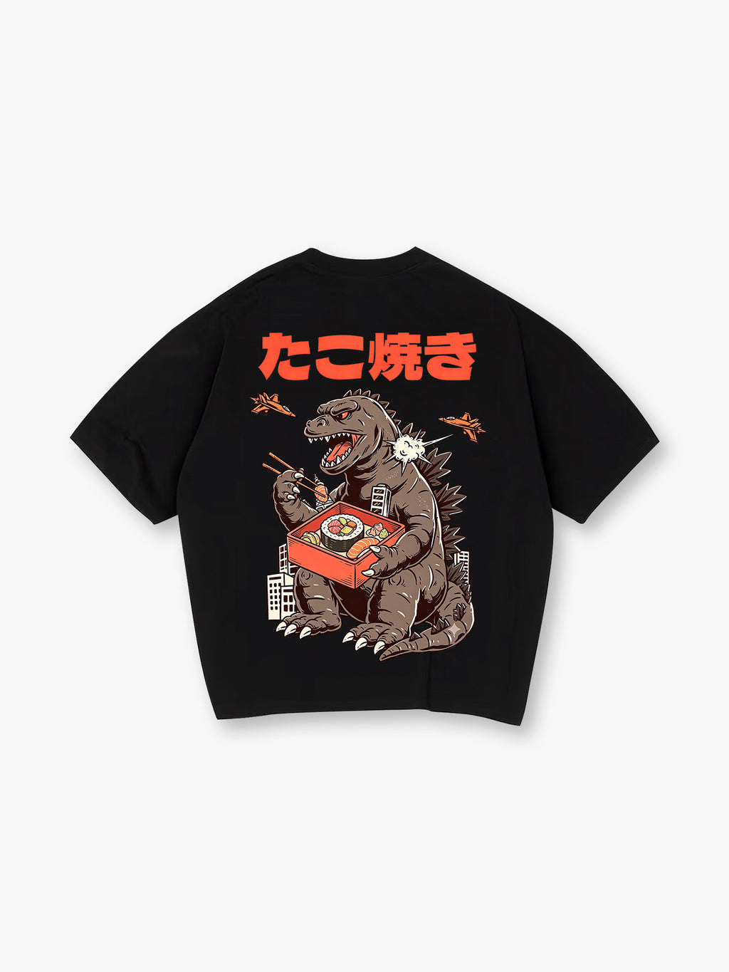 Vintage Godzilla Eating Sushi Japanese Takoyaki Text Cartoon Cotton T-Shirt