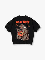 Vintage Godzilla Eating Sushi Japanese Takoyaki Text Cartoon Cotton T-Shirt