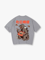 Vintage Godzilla Eating Sushi Japanese Takoyaki Text Cartoon Cotton T-Shirt