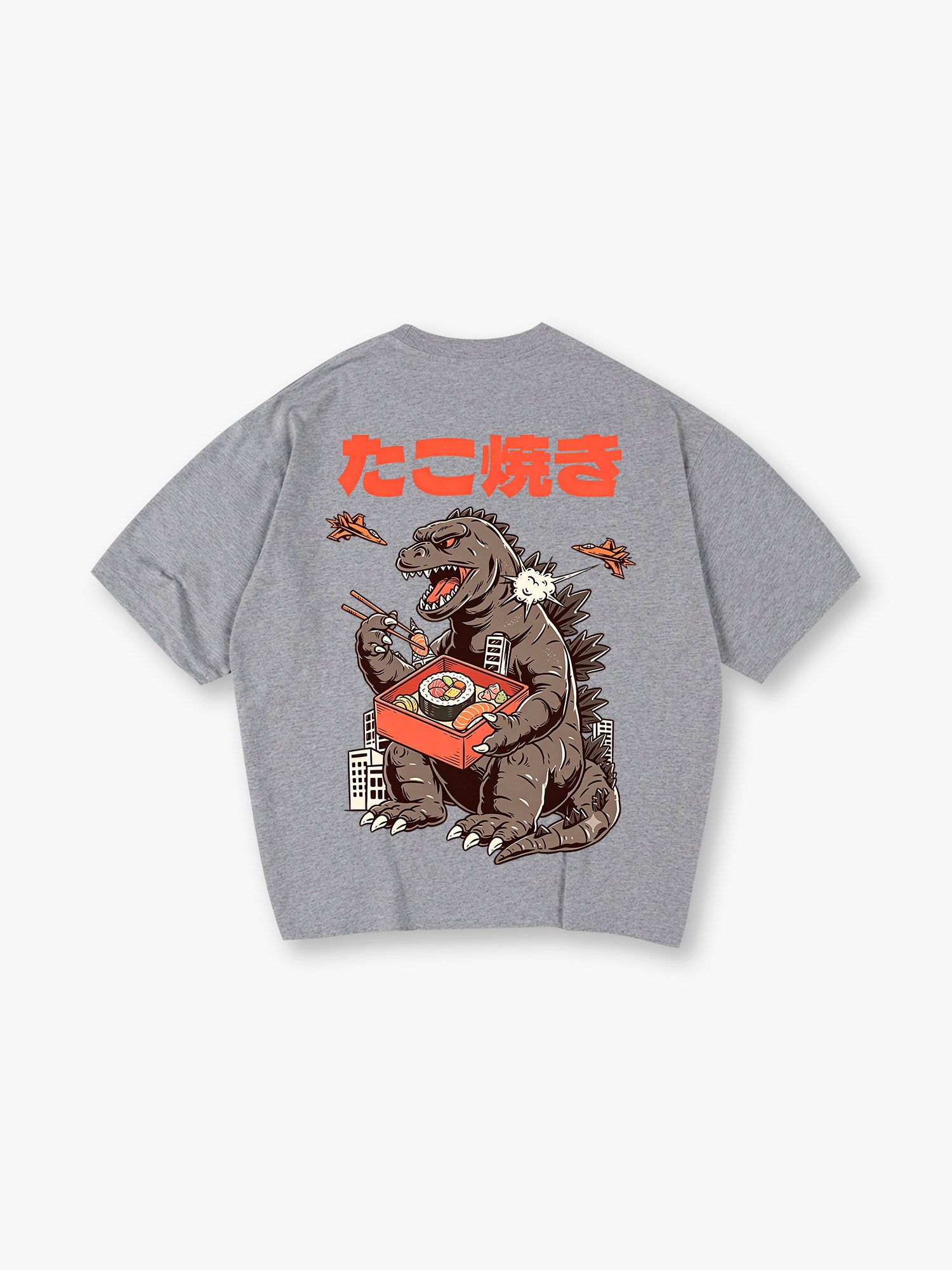 Vintage Godzilla Eating Sushi Japanese Takoyaki Text Cartoon Cotton T-Shirt