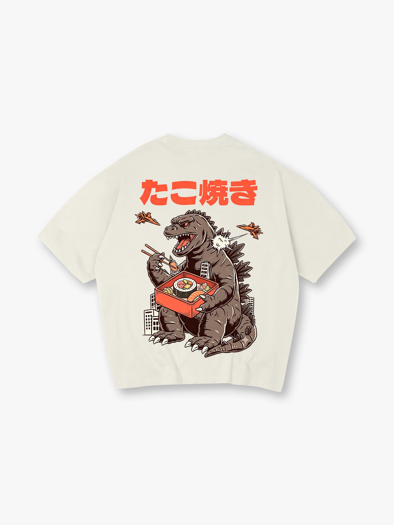 Vintage Godzilla Eating Sushi Japanese Takoyaki Text Cartoon Cotton T-Shirt