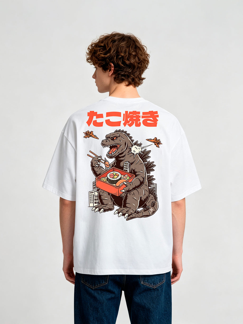 Vintage Godzilla Eating Sushi Japanese Takoyaki Text Cartoon Cotton T-Shirt