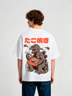 Vintage Godzilla Eating Sushi Japanese Takoyaki Text Cartoon Cotton T-Shirt