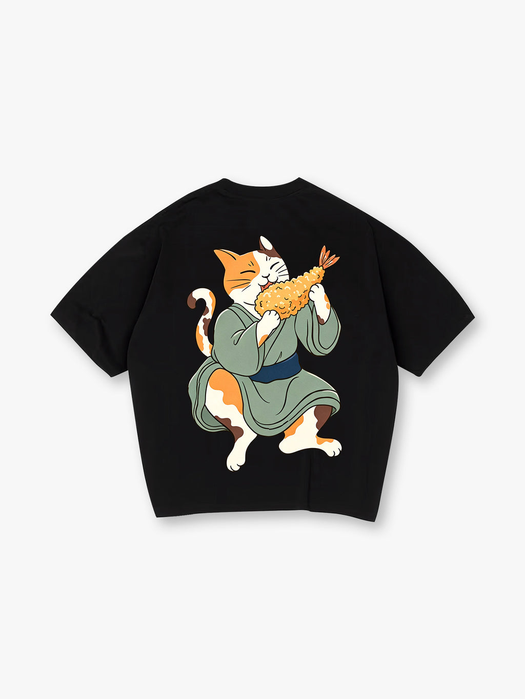 Cute Kimono Neko Cat Eating Tempura Shrimp T-Shirt Japanese Cartoon Graphic Casual Streetwear Tee