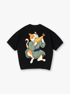 Cute Kimono Neko Cat Eating Tempura Shrimp T-Shirt Japanese Cartoon Graphic Casual Streetwear Tee