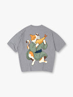Cute Kimono Neko Cat Eating Tempura Shrimp T-Shirt Japanese Cartoon Graphic Casual Streetwear Tee