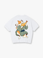Cute Kimono Neko Cat Eating Tempura Shrimp T-Shirt Japanese Cartoon Graphic Casual Streetwear Tee