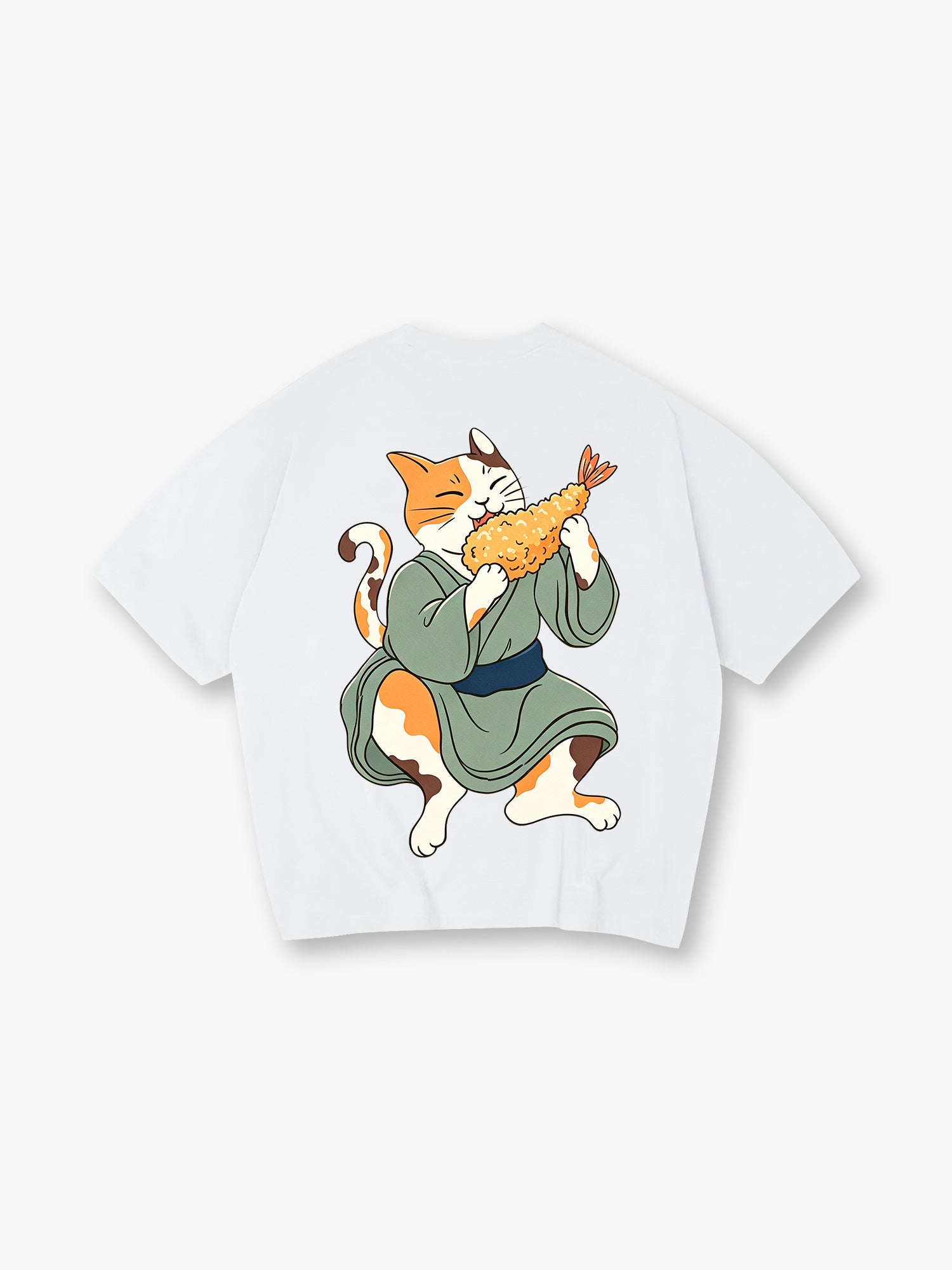 Cute Kimono Neko Cat Eating Tempura Shrimp T-Shirt Japanese Cartoon Graphic Casual Streetwear Tee
