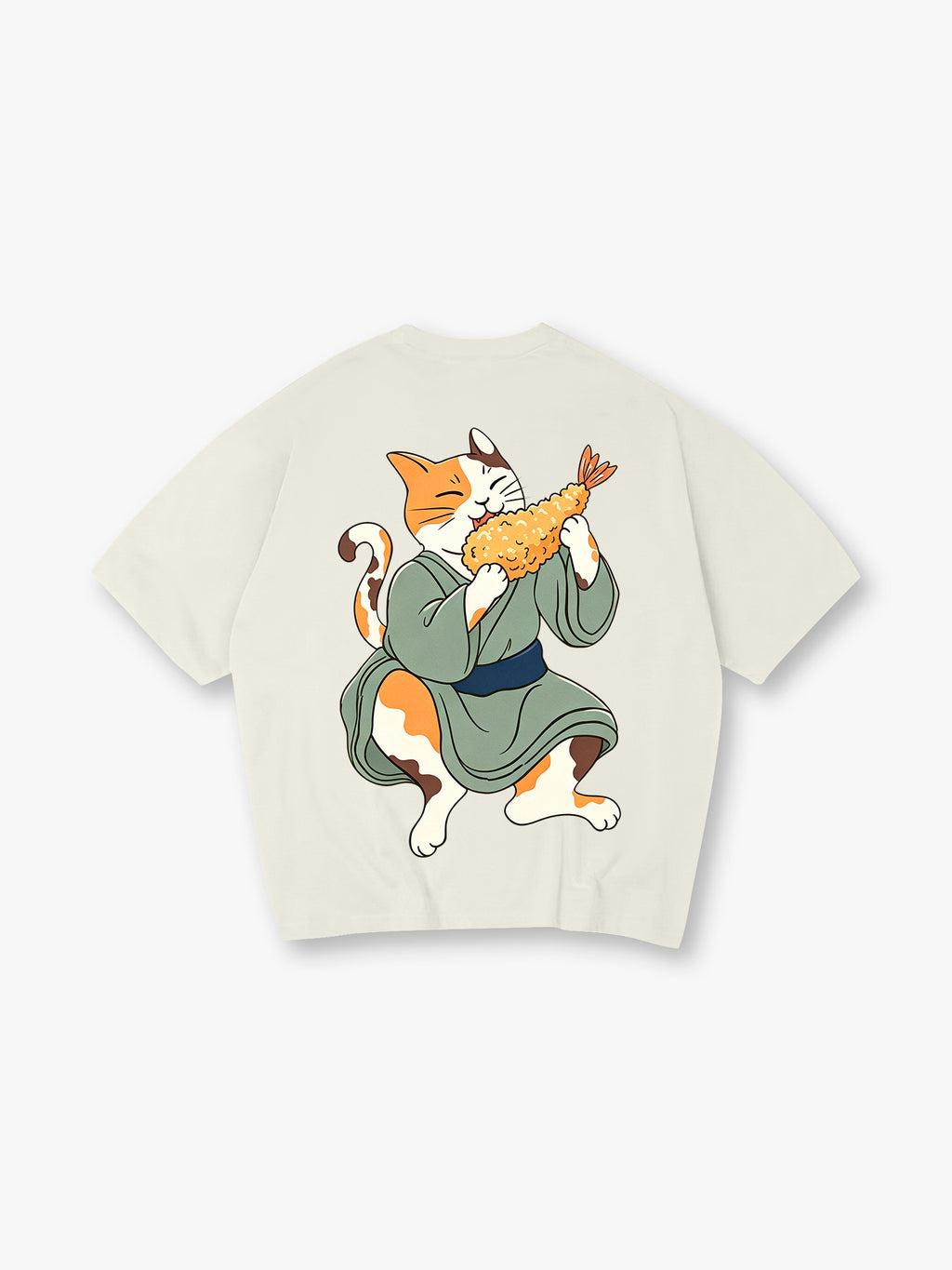 Cute Kimono Neko Cat Eating Tempura Shrimp T-Shirt Japanese Cartoon Graphic Casual Streetwear Tee