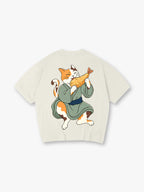Cute Kimono Neko Cat Eating Tempura Shrimp T-Shirt Japanese Cartoon Graphic Casual Streetwear Tee