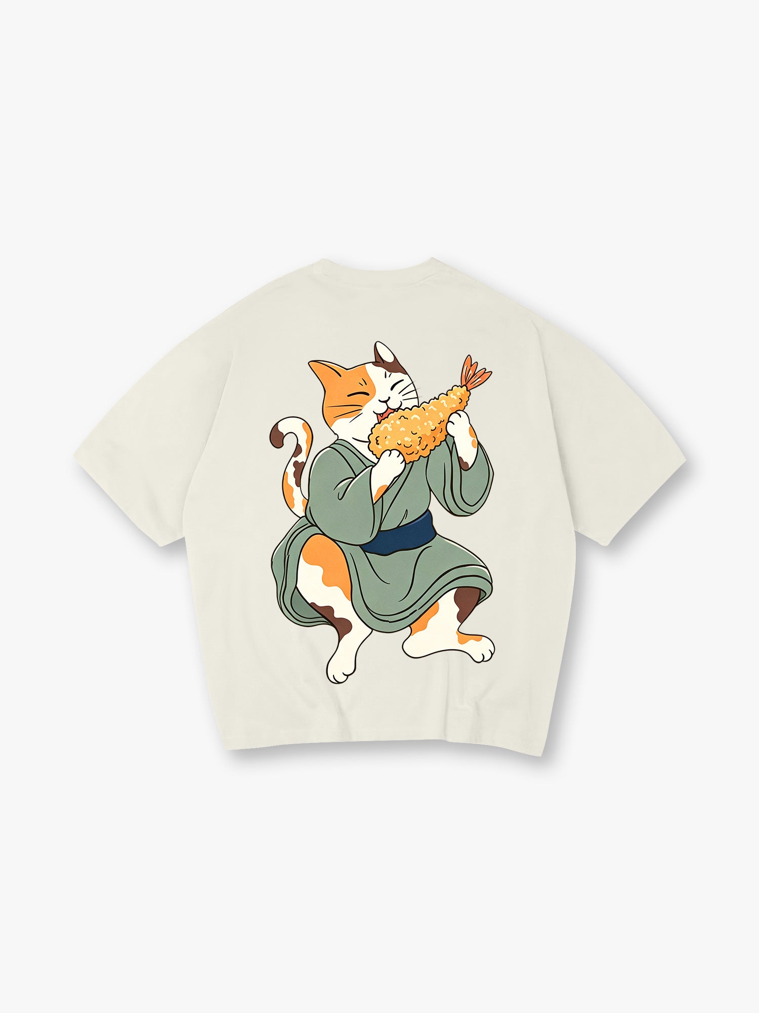 Cute Kimono Neko Cat Eating Tempura Shrimp T-Shirt Japanese Cartoon Graphic Casual Streetwear Tee