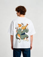 Cute Kimono Neko Cat Eating Tempura Shrimp T-Shirt Japanese Cartoon Graphic Casual Streetwear Tee