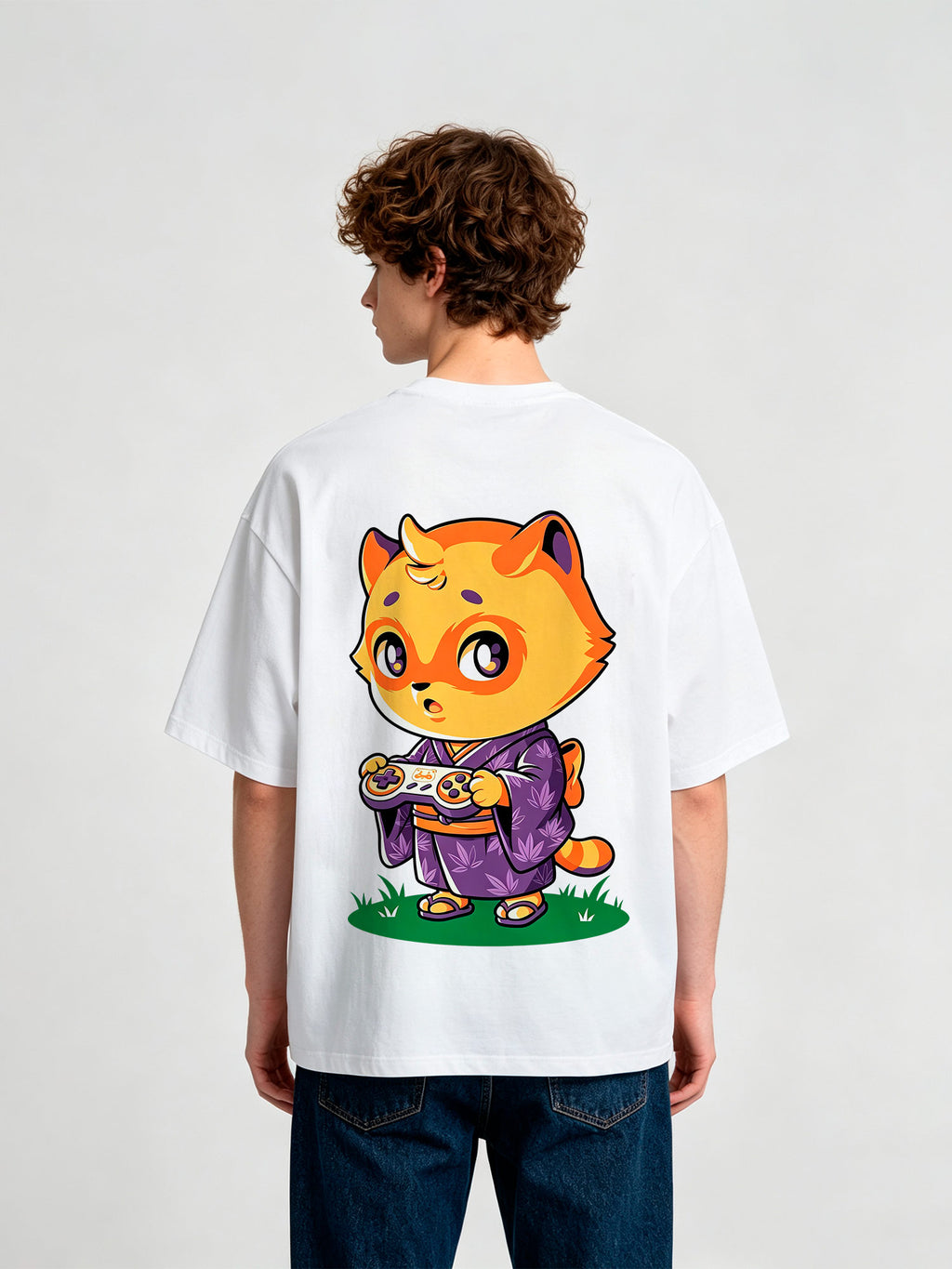 Kawaii Chibi Raccoon Gamer T-Shirt Cute Kimono Cartoon Animal Game Controller Graphic Streetwear Tee