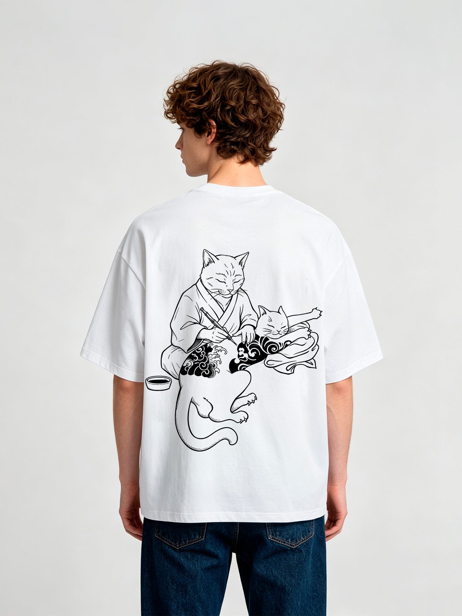 Japanese Tattoo Artist Cat Irezumi Neko Black Line Art Graphic Streetwear T-Shirt