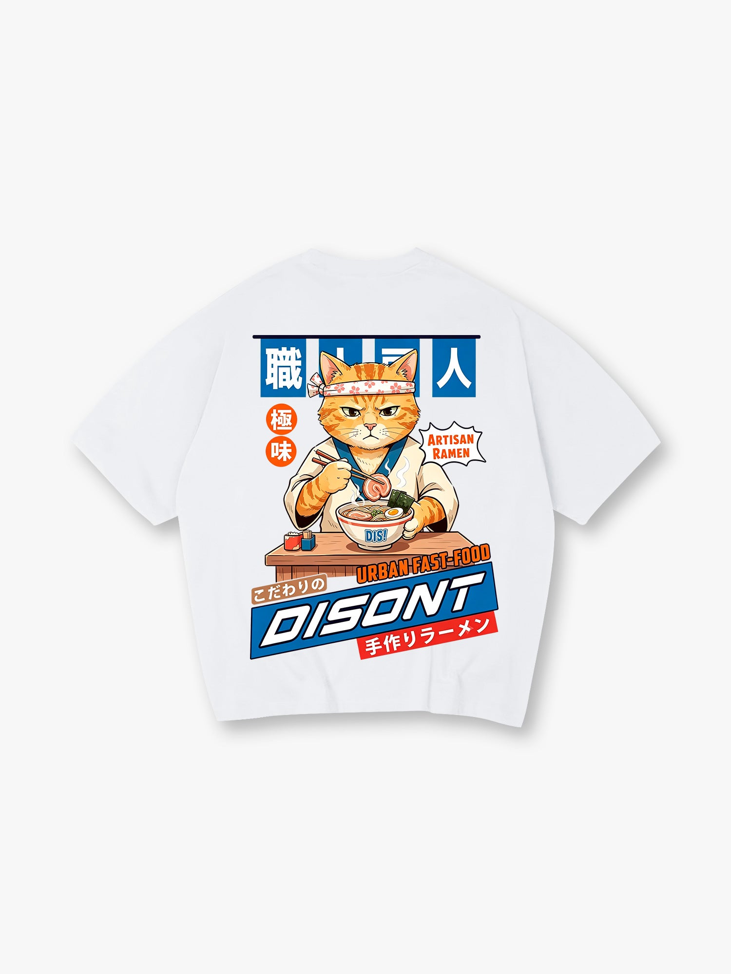 Japanese Chef Cat Eating Ramen Retro Anime Graphic T-Shirt