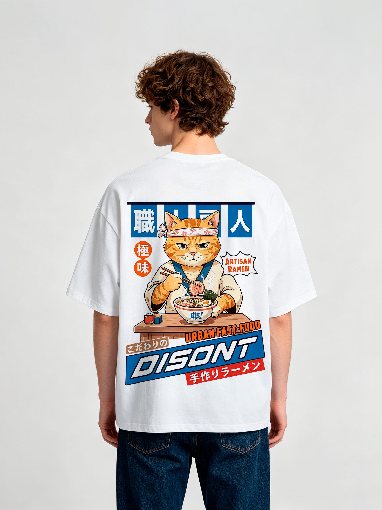 Japanese Chef Cat Eating Ramen Retro Anime Graphic T-Shirt