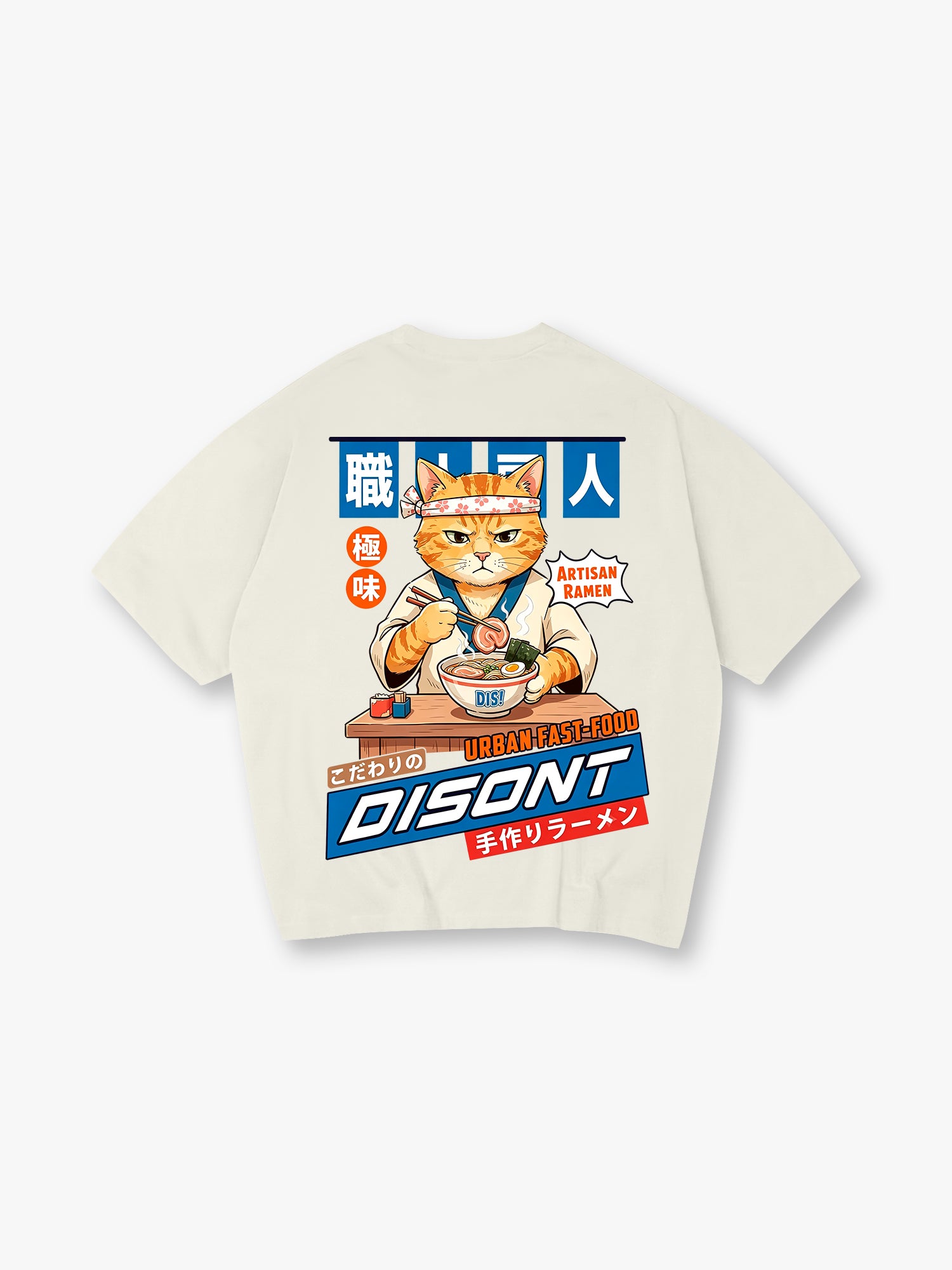 Japanese Chef Cat Eating Ramen Retro Anime Graphic T-Shirt