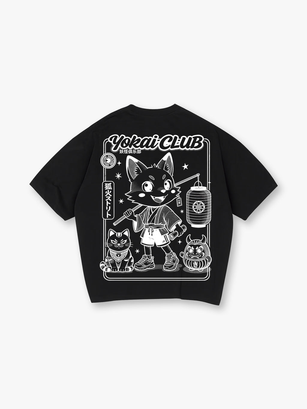 Yokai Club Kitsune Fox Daruma Cat Japanese Cartoon Kawaii Streetwear Graphic T-Shirt