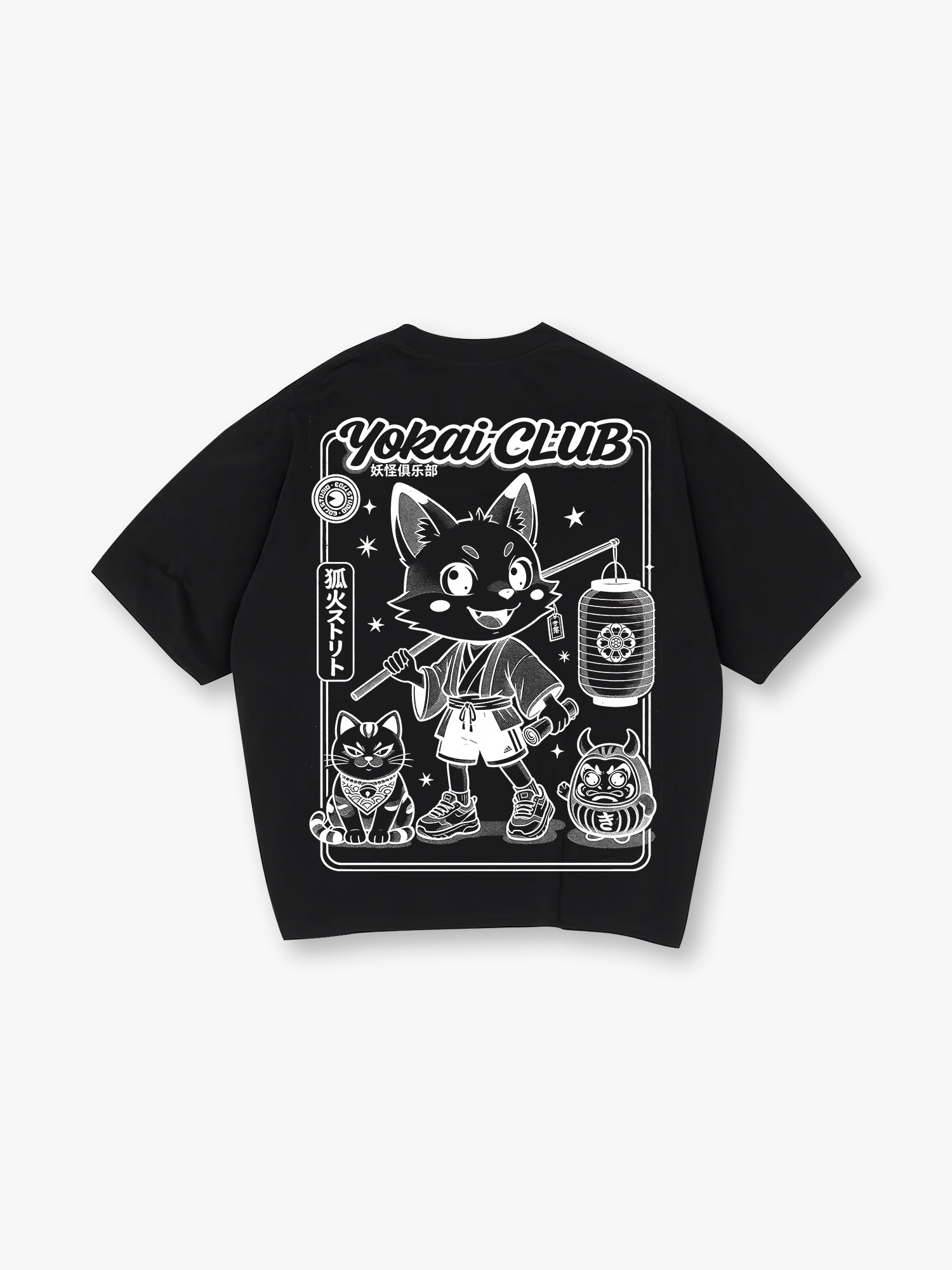 Yokai Club Kitsune Fox Daruma Cat Japanese Cartoon Kawaii Streetwear Graphic T-Shirt
