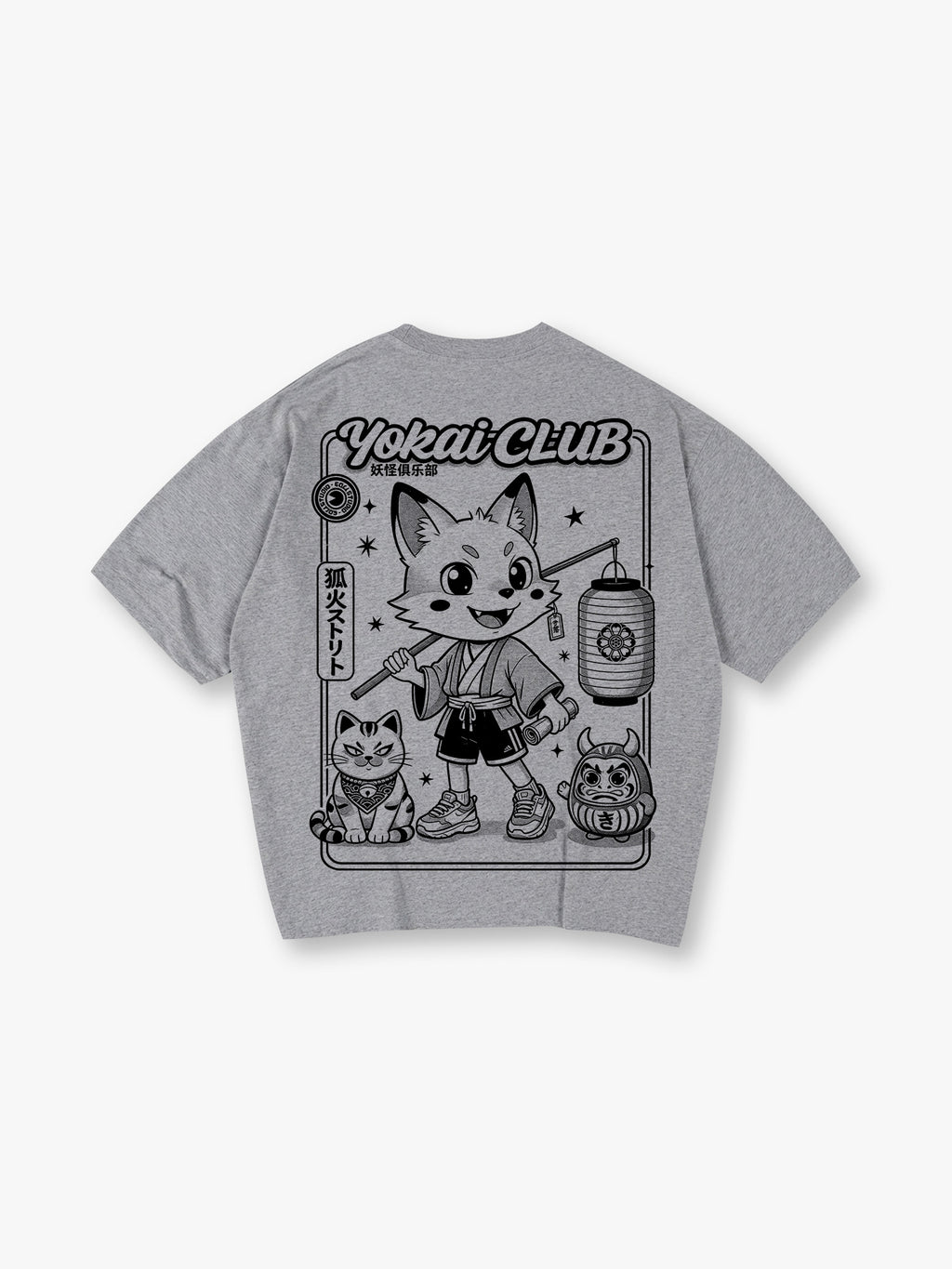Yokai Club Kitsune Fox Daruma Cat Japanese Cartoon Kawaii Streetwear Graphic T-Shirt