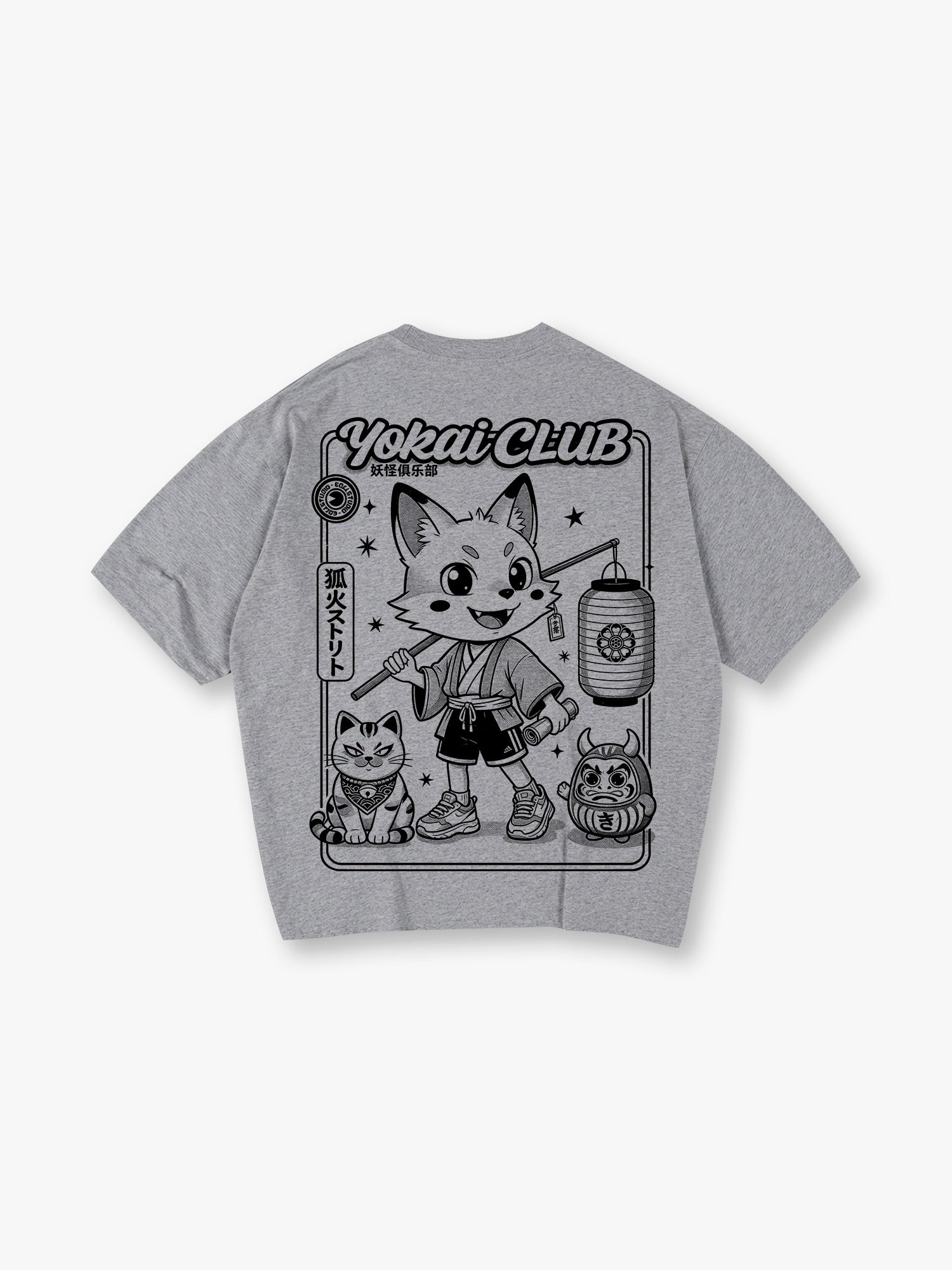 Yokai Club Kitsune Fox Daruma Cat Japanese Cartoon Kawaii Streetwear Graphic T-Shirt