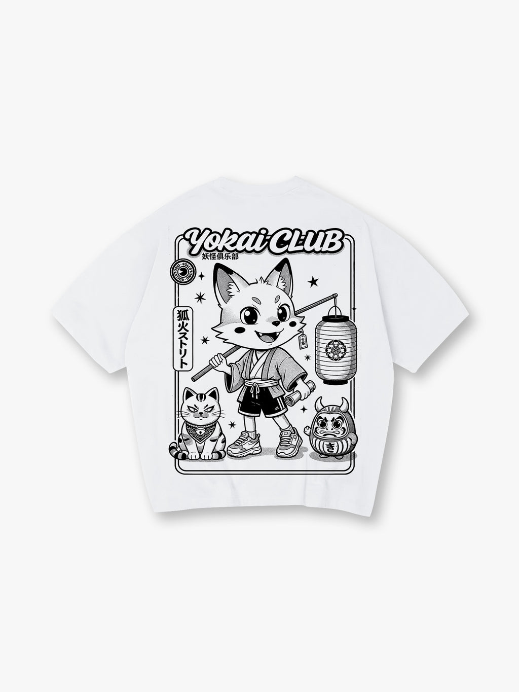 Yokai Club Kitsune Fox Daruma Cat Japanese Cartoon Kawaii Streetwear Graphic T-Shirt