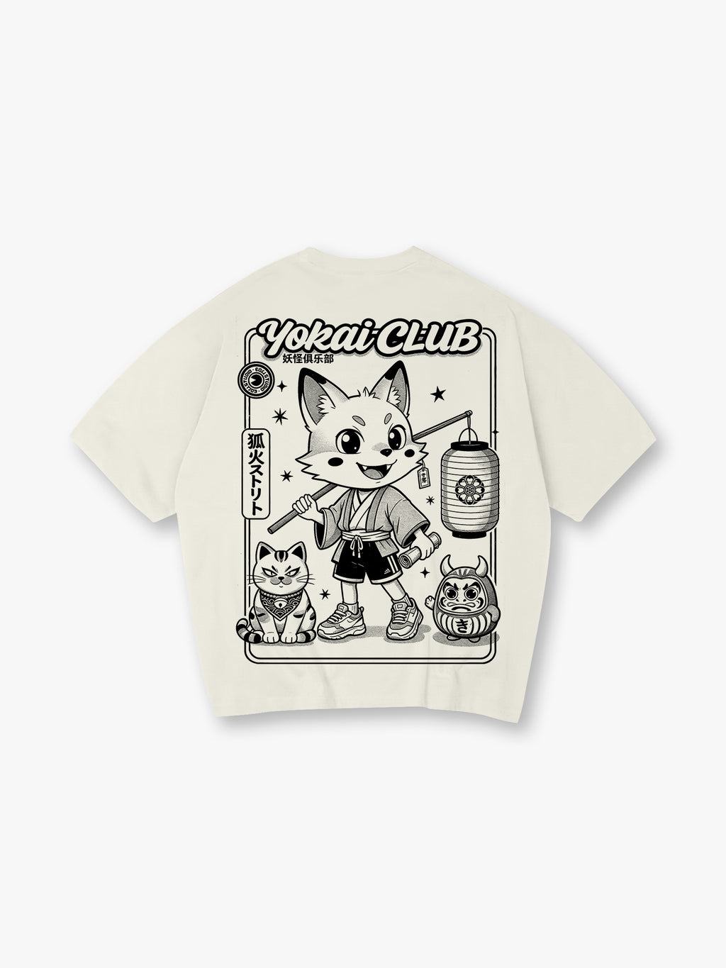 Yokai Club Kitsune Fox Daruma Cat Japanese Cartoon Kawaii Streetwear Graphic T-Shirt