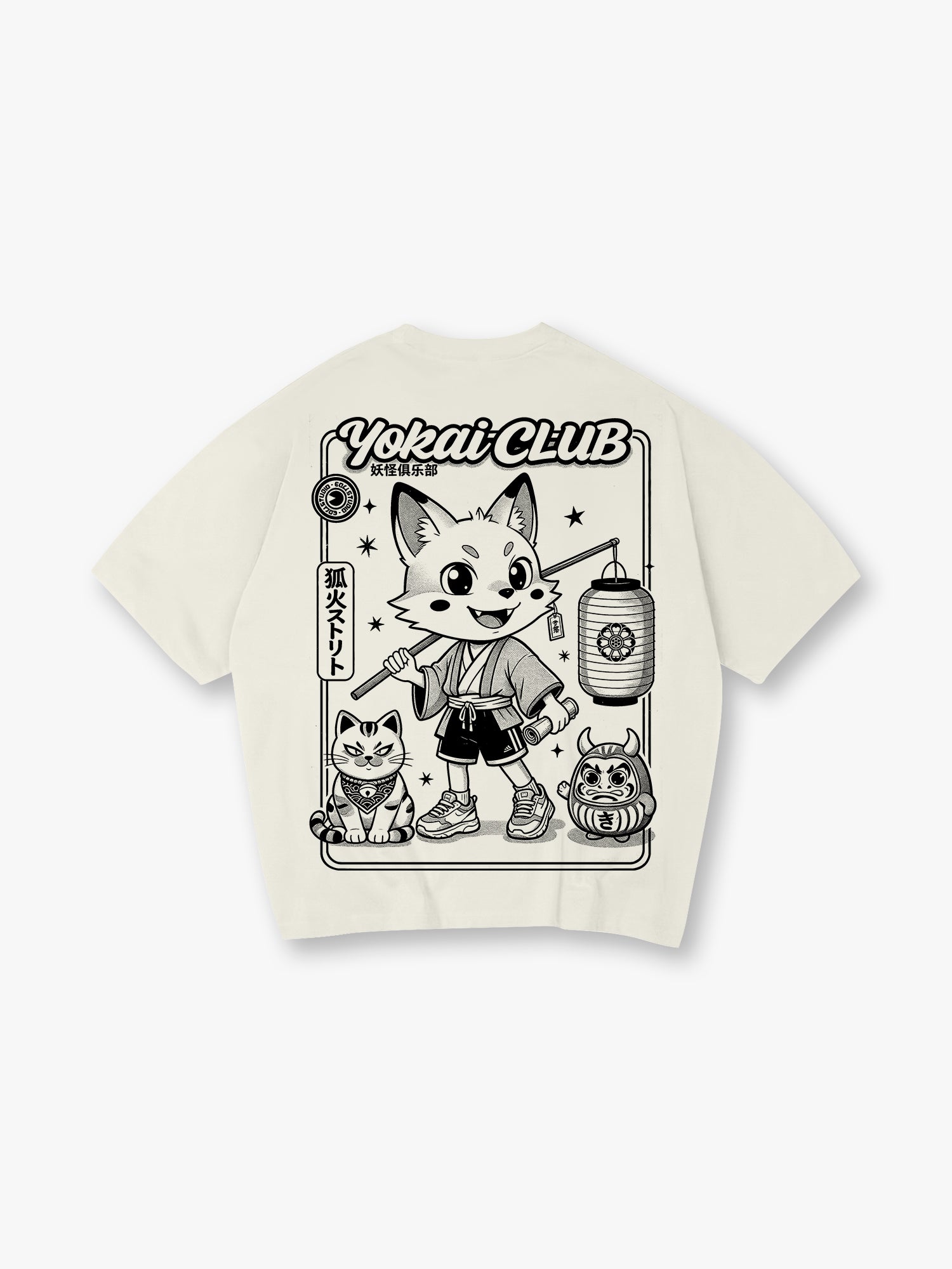 Yokai Club Kitsune Fox Daruma Cat Japanese Cartoon Kawaii Streetwear Graphic T-Shirt