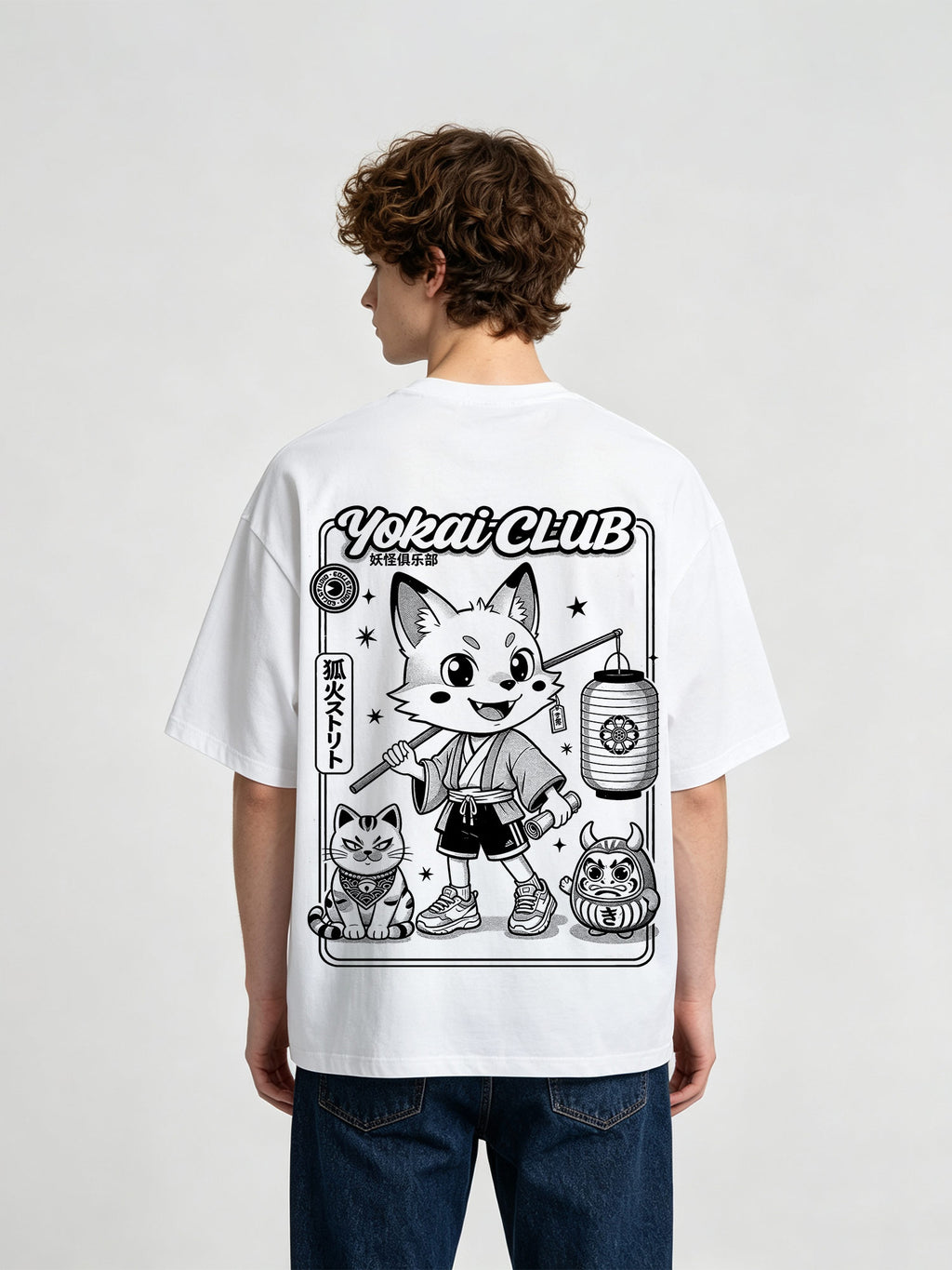 Yokai Club Kitsune Fox Daruma Cat Japanese Cartoon Kawaii Streetwear Graphic T-Shirt