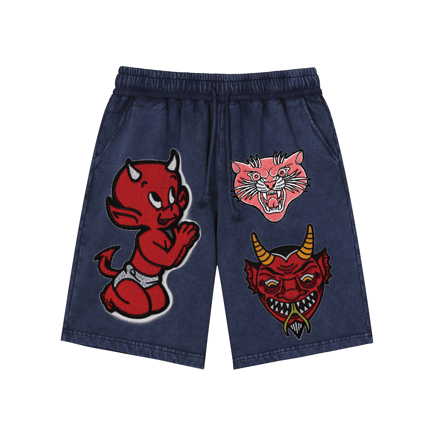 Cartoon Little Devil ,Grinning Cat and Horned Demon Head Snow-Washed Shorts