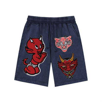 Cartoon Little Devil ,Grinning Cat and Horned Demon Head Snow-Washed Shorts