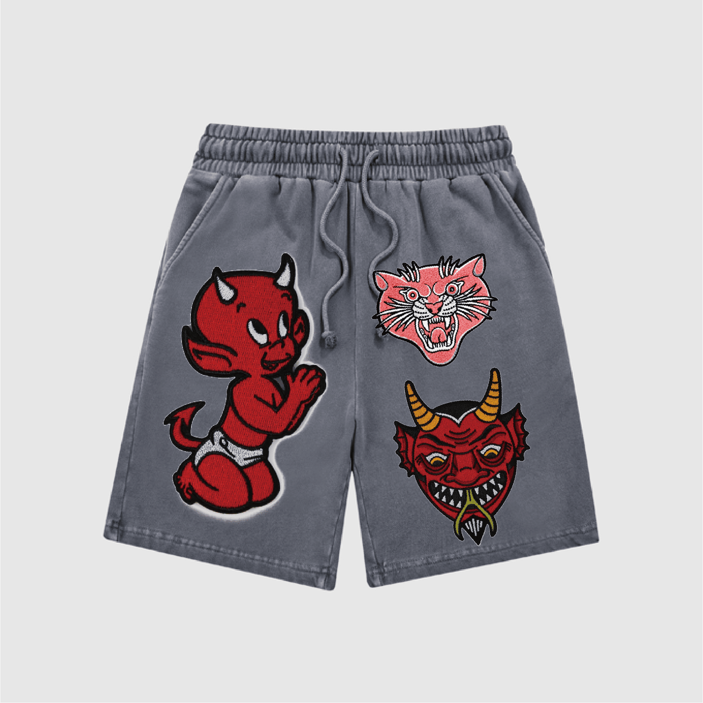 Cartoon Little Devil ,Grinning Cat and Horned Demon Head Snow-Washed Shorts