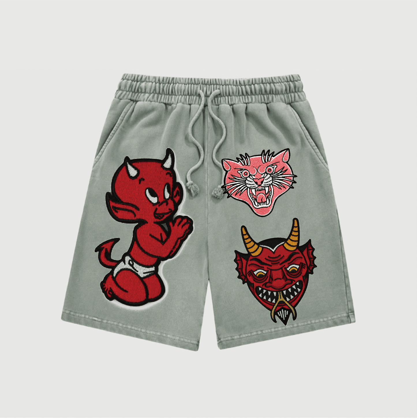 Cartoon Little Devil ,Grinning Cat and Horned Demon Head Snow-Washed Shorts
