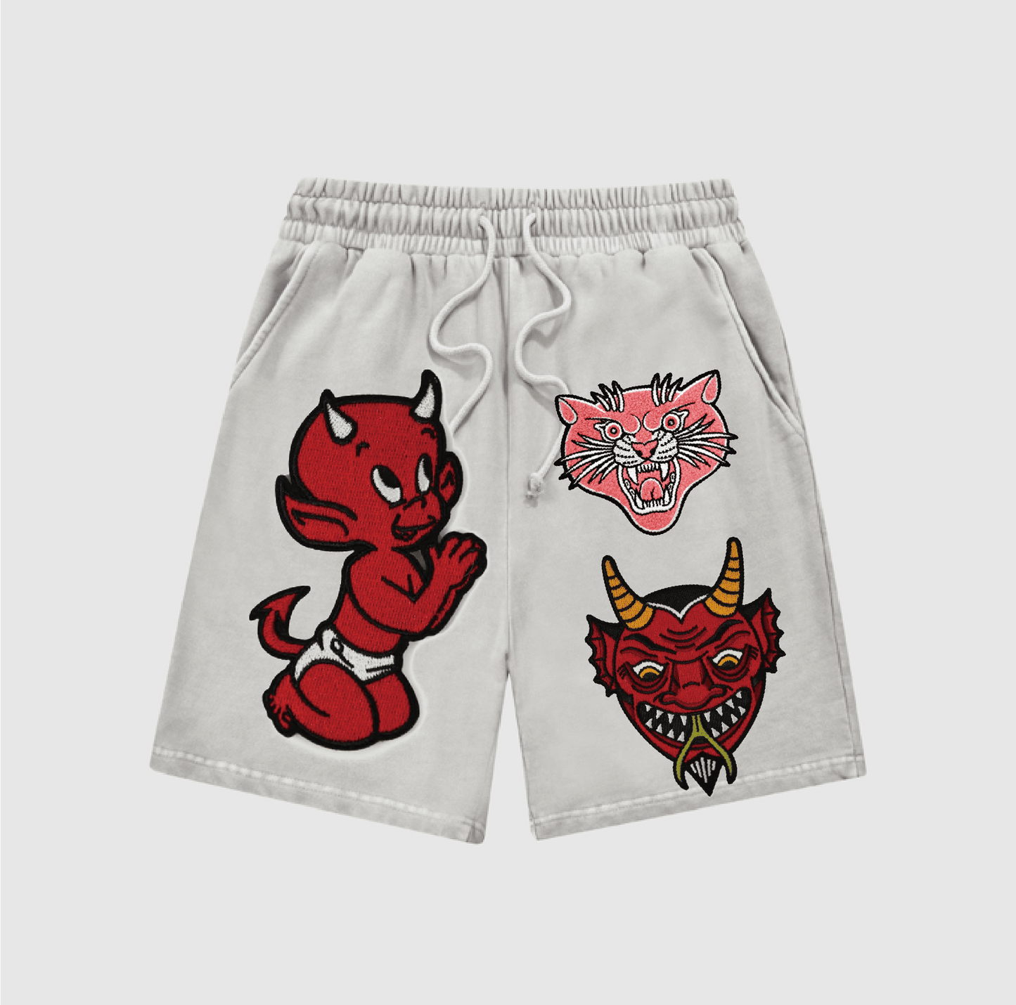 Cartoon Little Devil ,Grinning Cat and Horned Demon Head Snow-Washed Shorts