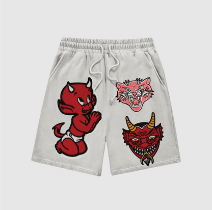 Cartoon Little Devil ,Grinning Cat and Horned Demon Head Snow-Washed Shorts